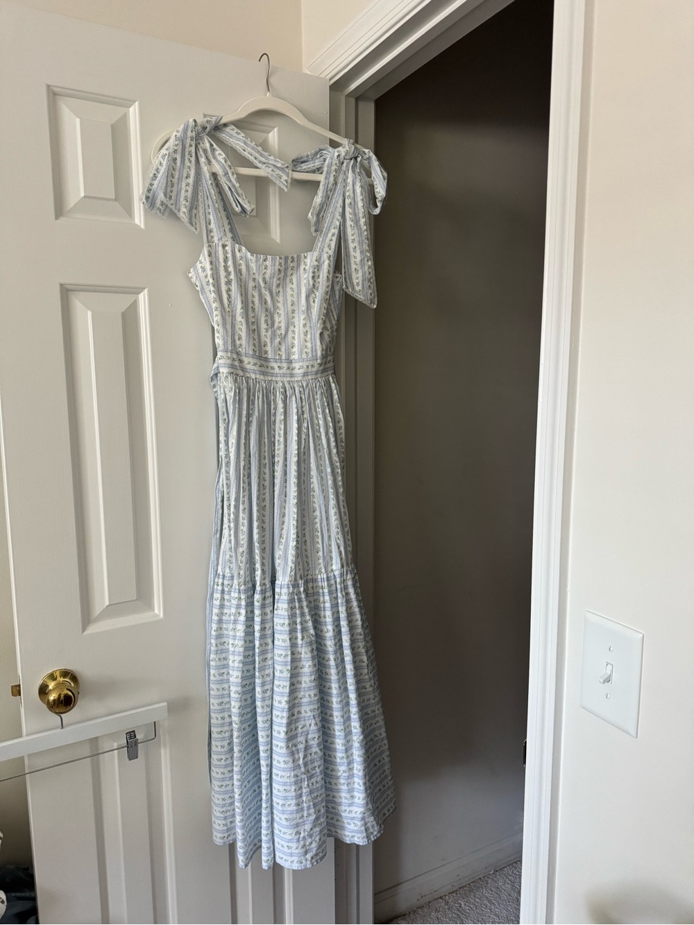 Light Blue Striped Tie-Shoulder Maxi Dress